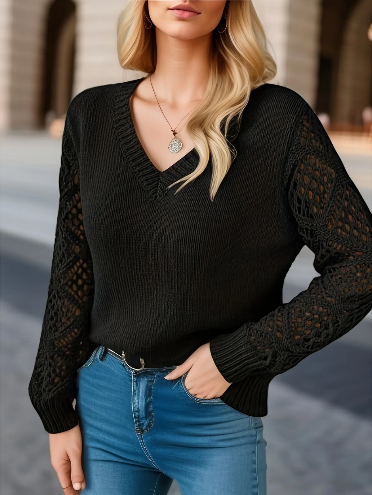 Women's Jumper | Crochet Sleeves & V-Neck 27