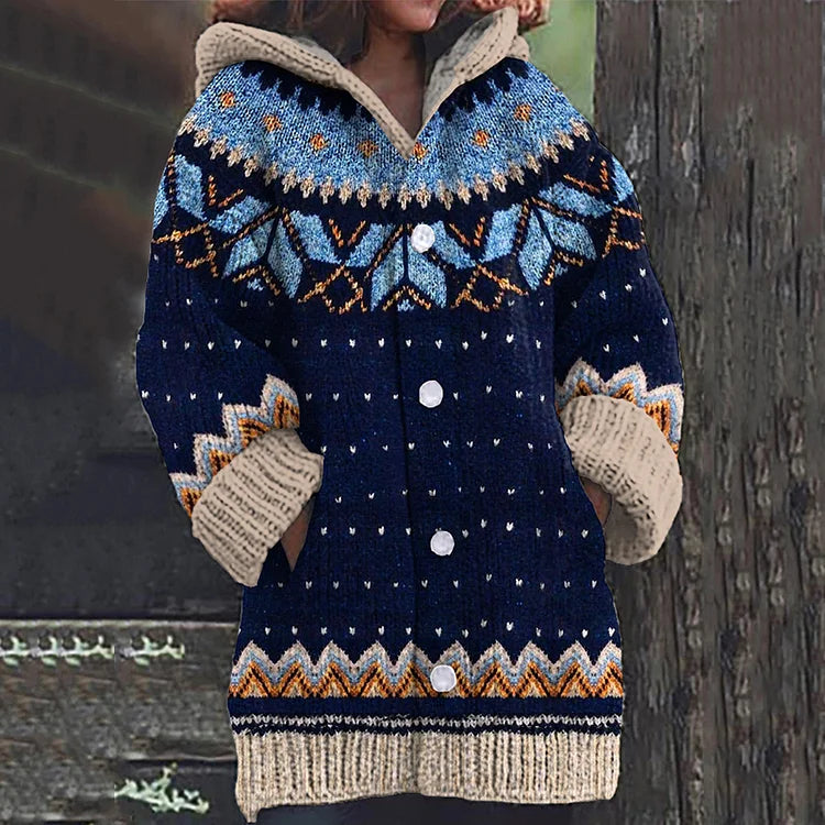 Blue fair isle hooded knit cardigan with button front, front view