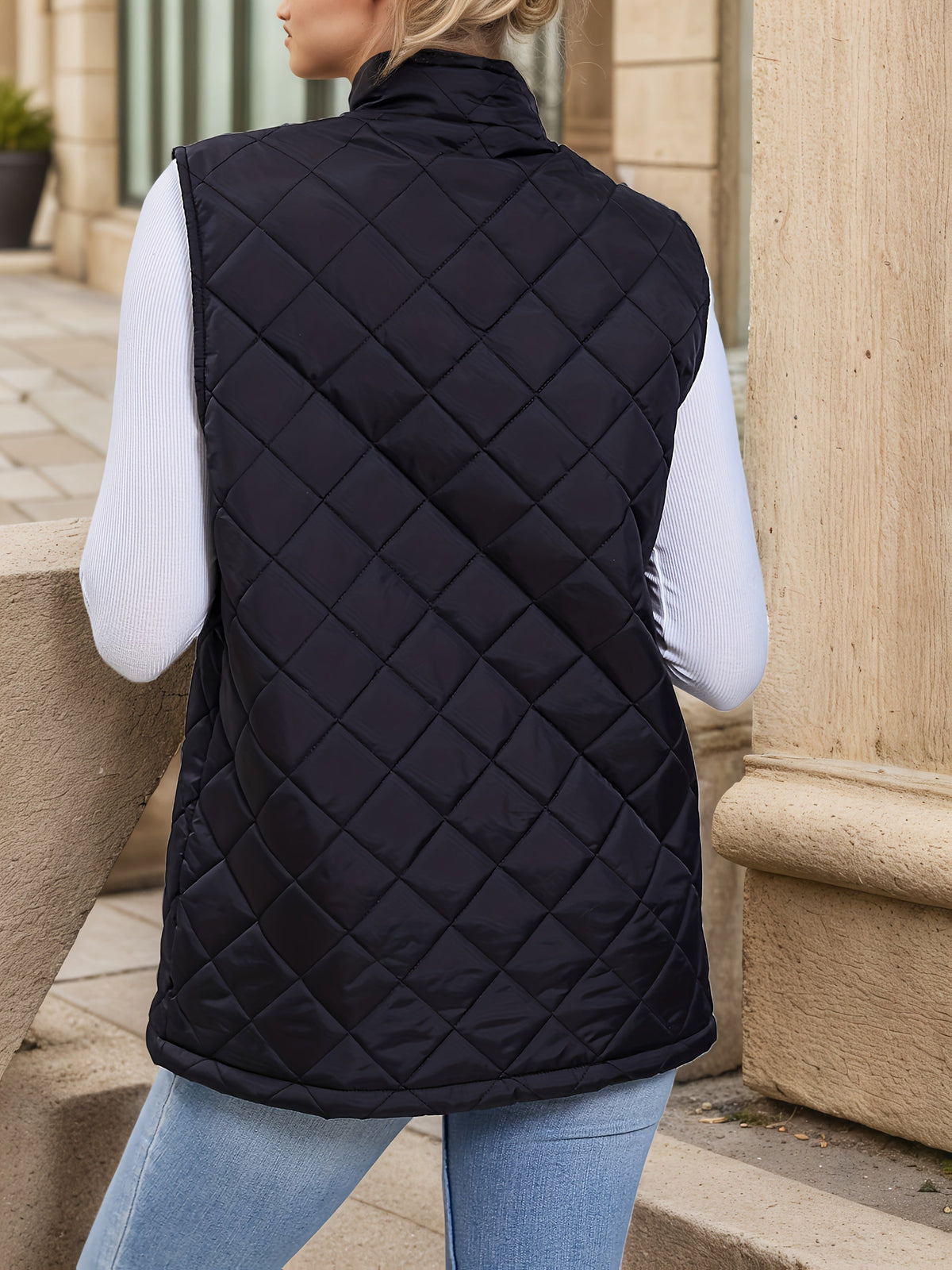 Black diamond quilted longline gilet with zip front
