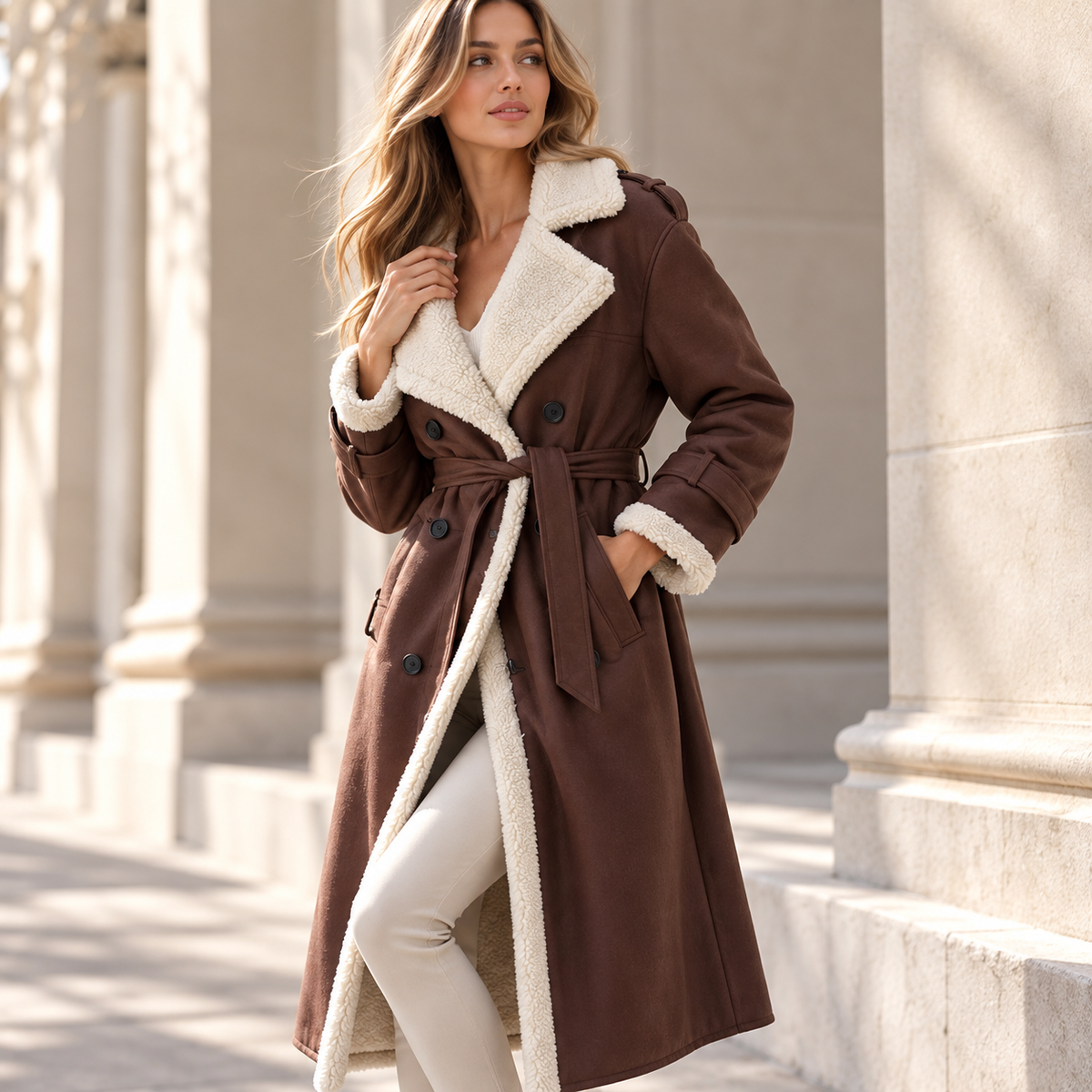 Women's Sherpa Trench Coat | Shearling Lapel & Belted Fit 3