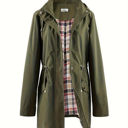 Olive Green hooded anorak parka with drawstring waist and zip front