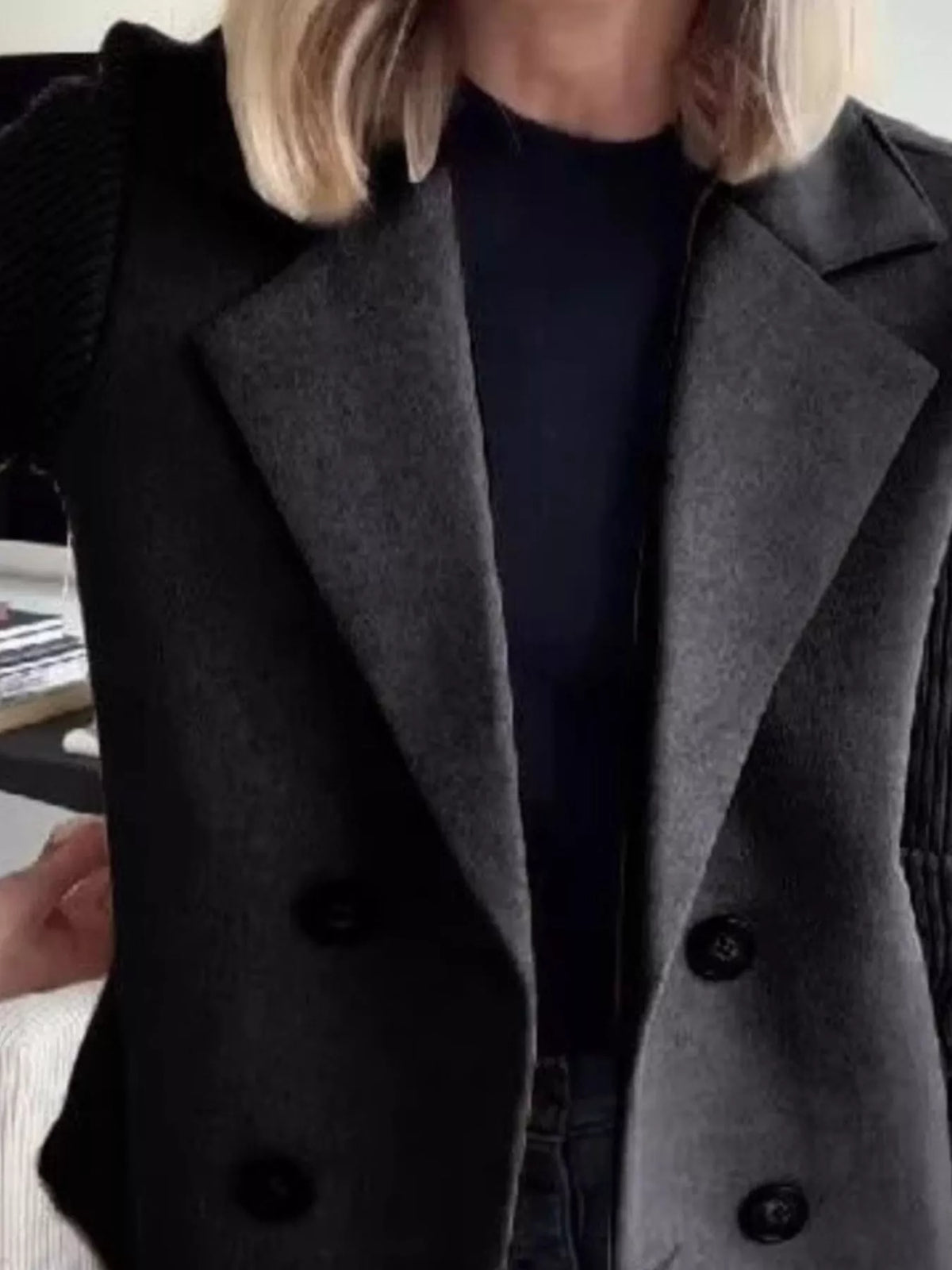 Black double breasted short coat with shawl collar and knit cuffs