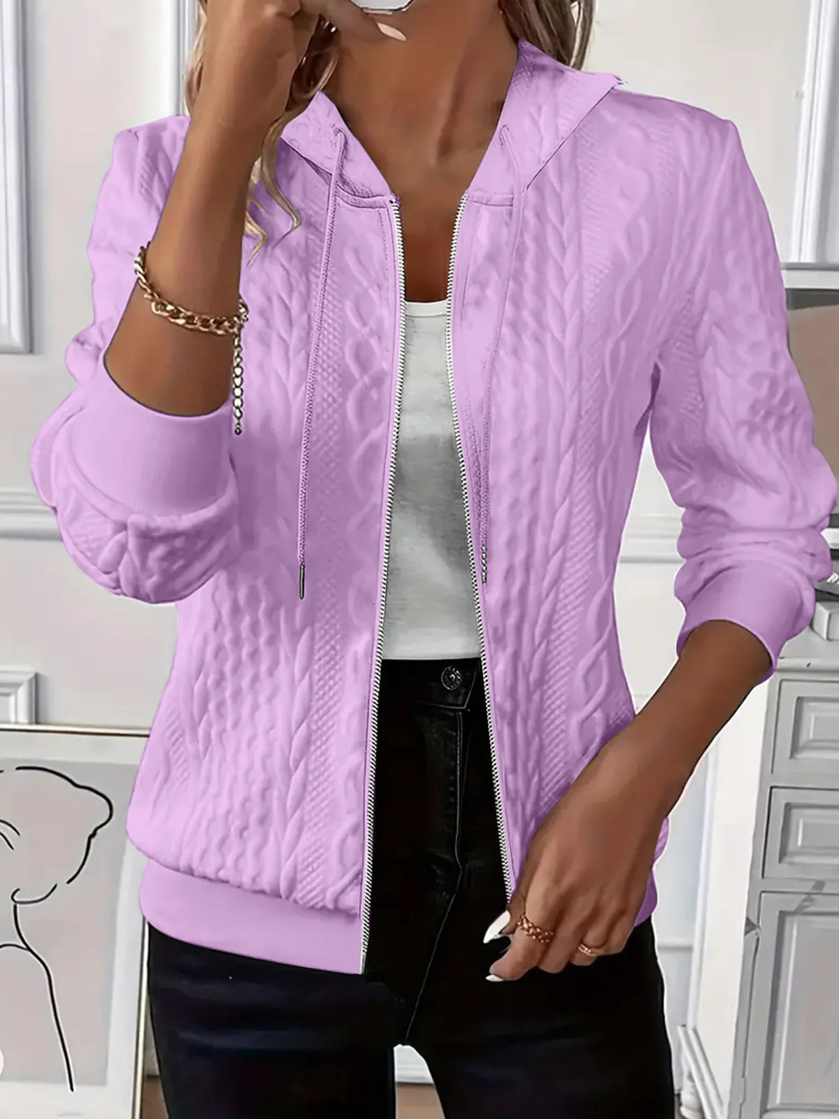 Purple cable knit zip up hoodie with ribbed cuffs and hood
