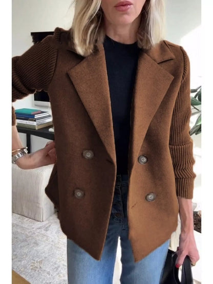 Chocolate double breasted short coat with shawl collar and knit cuffs