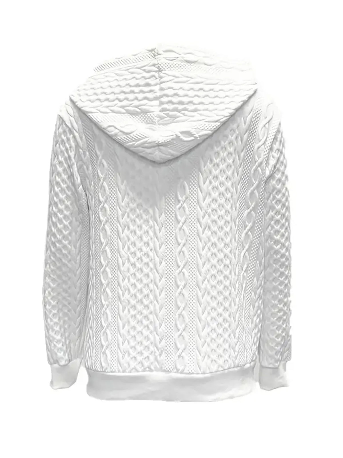 Blue cable knit zip up hoodie with ribbed cuffs and hood