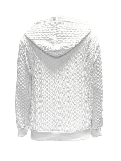 Blue cable knit zip up hoodie with ribbed cuffs and hood