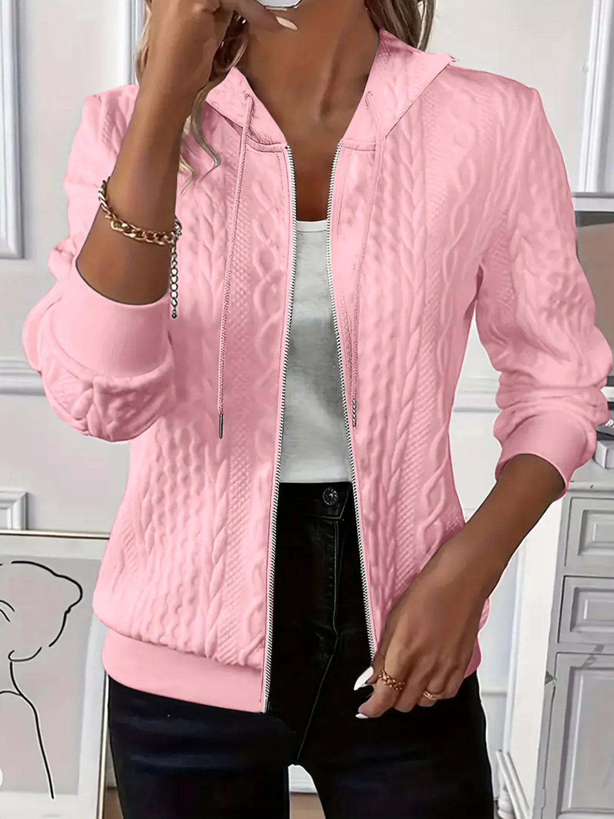 Pink cable knit zip up hoodie with ribbed cuffs and hood