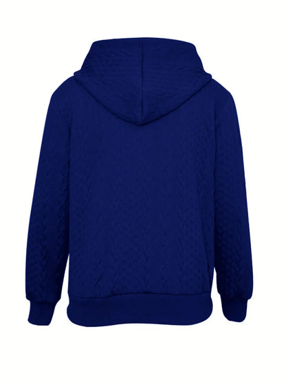 White cable knit zip up hoodie with ribbed cuffs and hood