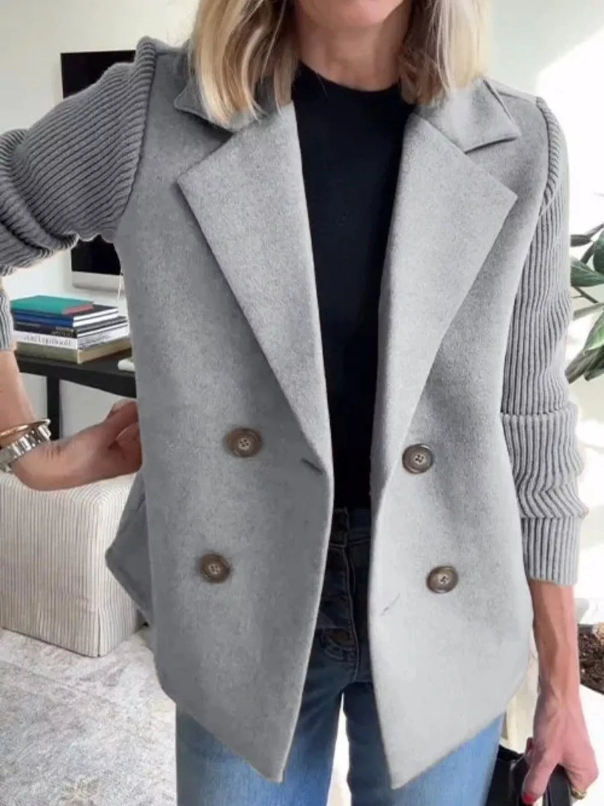 Double breasted short coat with shawl collar and knit cuffs