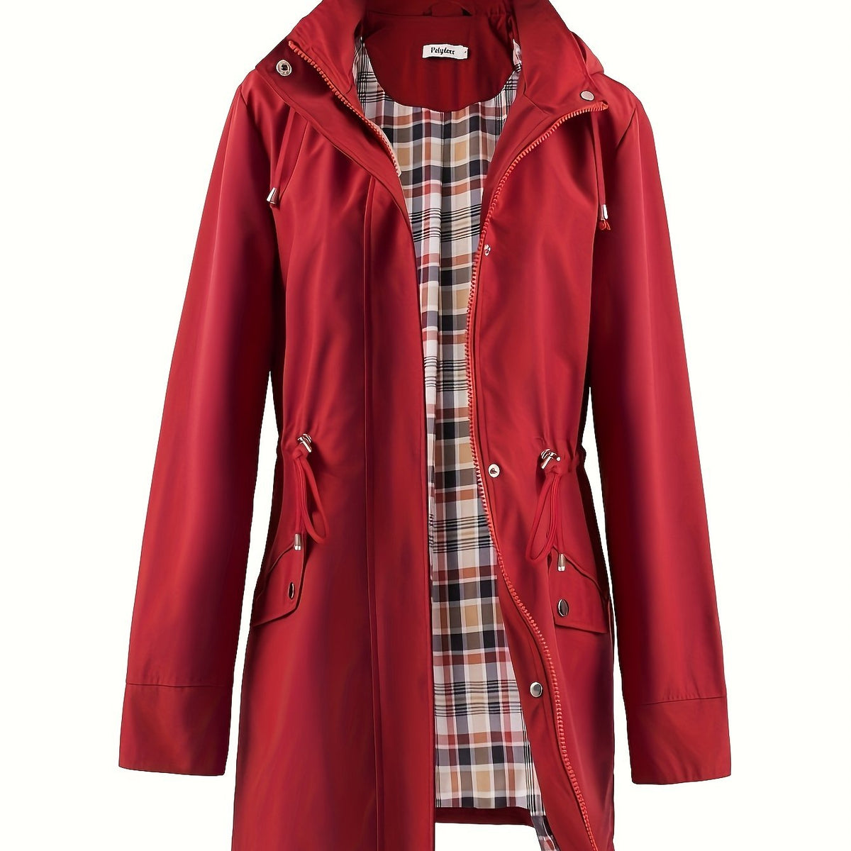 Deep Red hooded anorak parka with drawstring waist and zip front