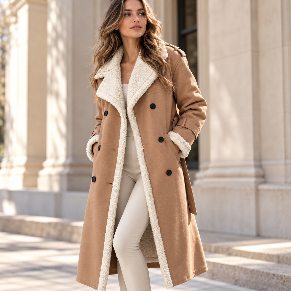Women's Sherpa Trench Coat | Shearling Lapel & Belted Fit 11