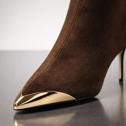 Harper Lane Gilded Suede Boots — close-up detail