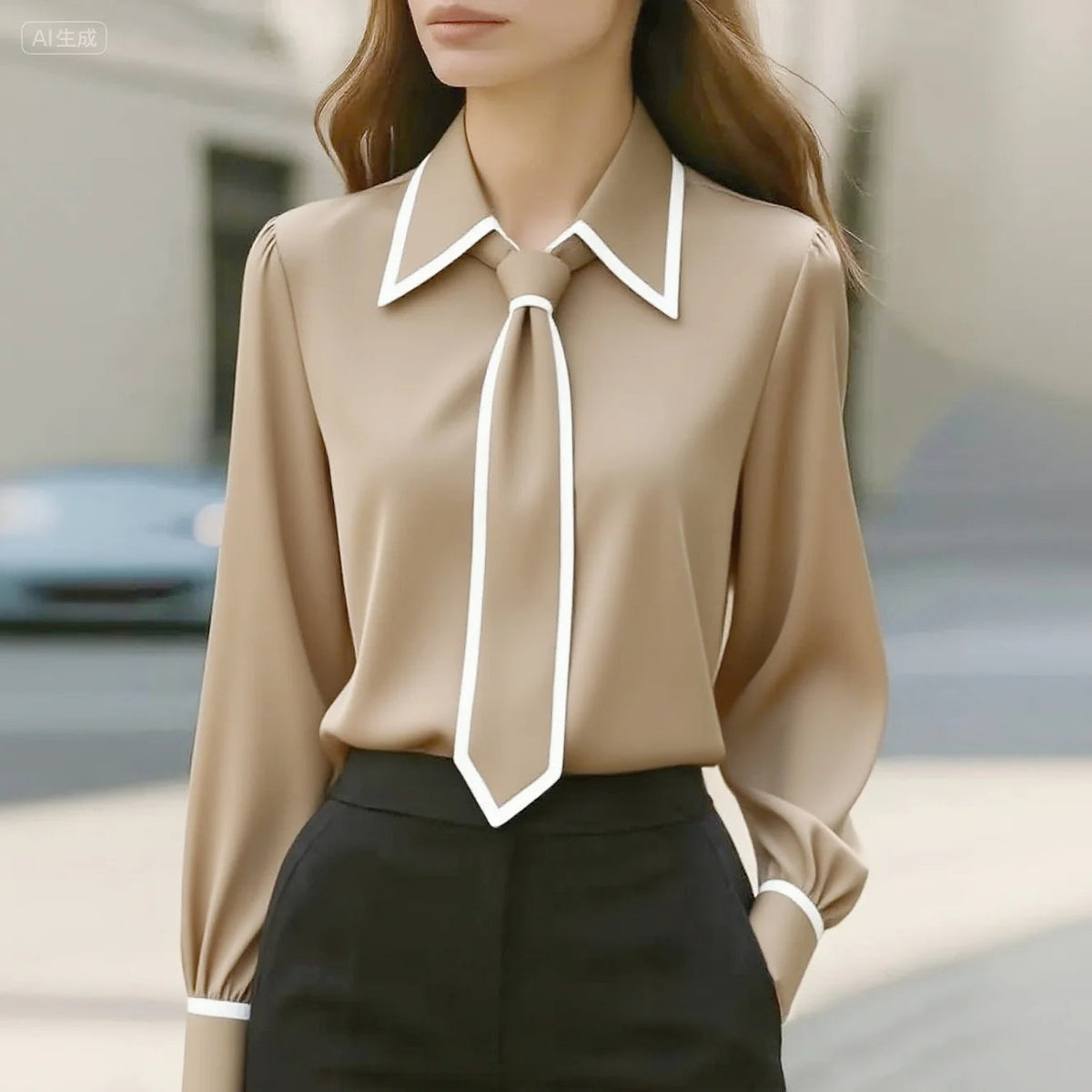 Women's Tie-Neck Blouse | Structured Collar & Puff Cuffs 2
