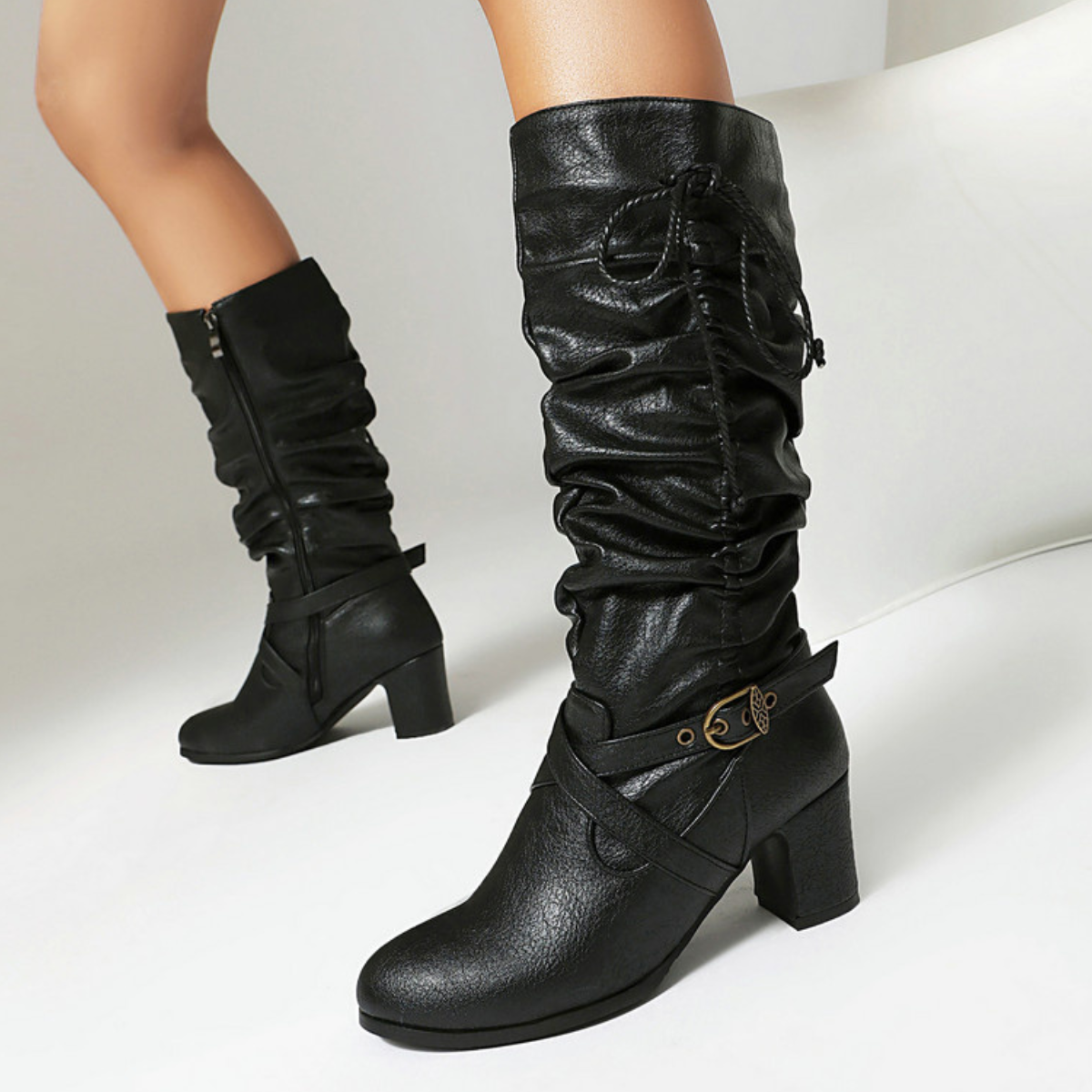 Women's Buckle Boots | Slouched Shaft & Vintage Rope Tie Detail 7