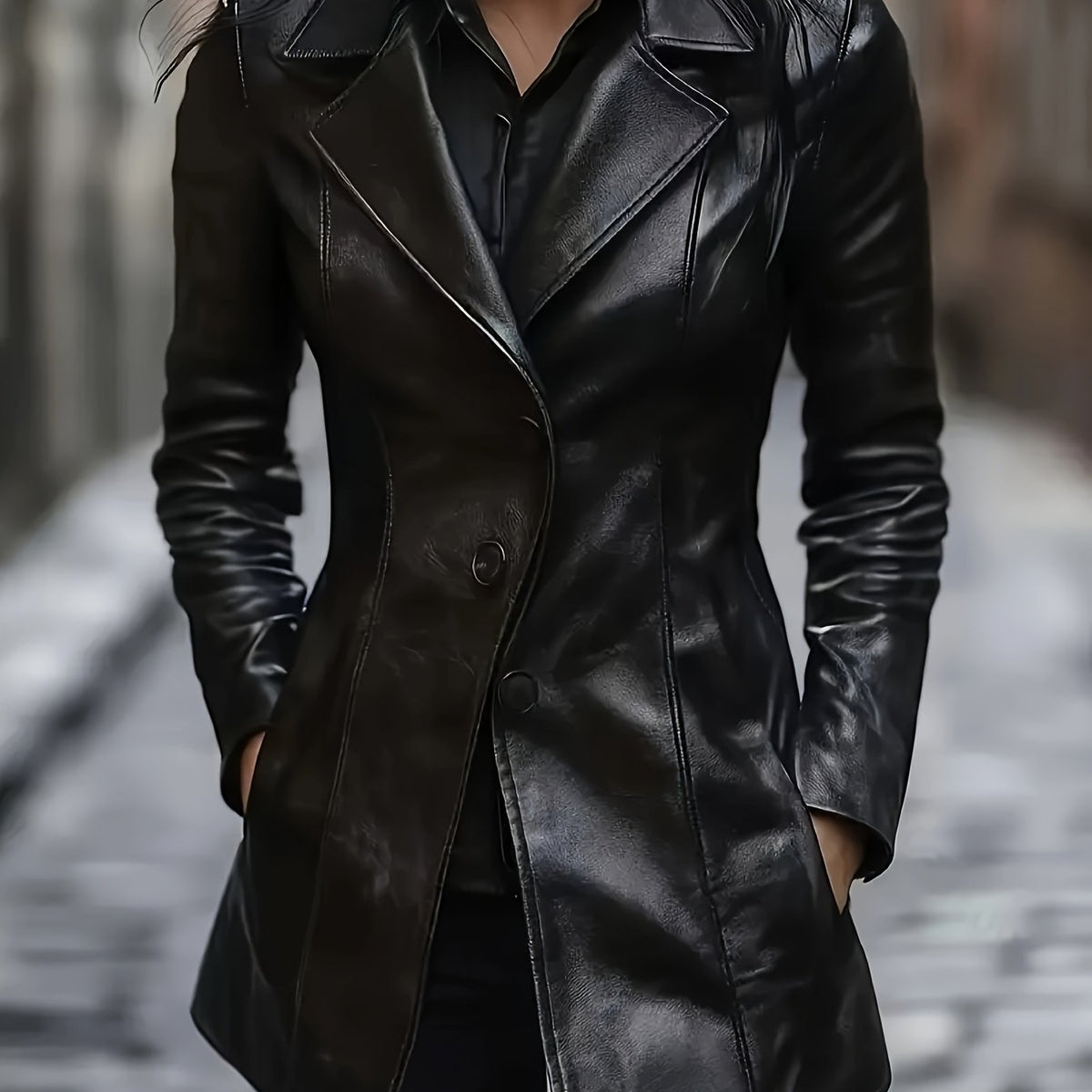 Black leather look longline winter coat with notch lapel, front view