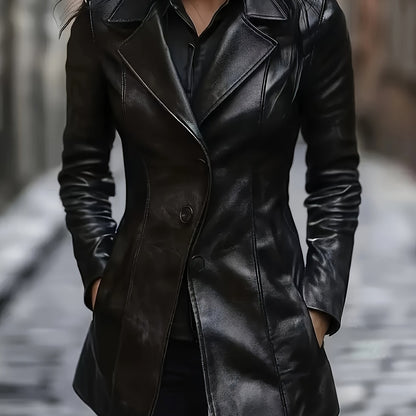 Black leather look longline winter coat with notch lapel, front view