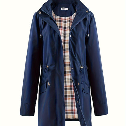 Navy hooded anorak parka with drawstring waist and zip front