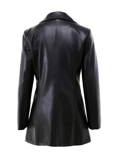 Black leather look longline winter coat with notch lapel