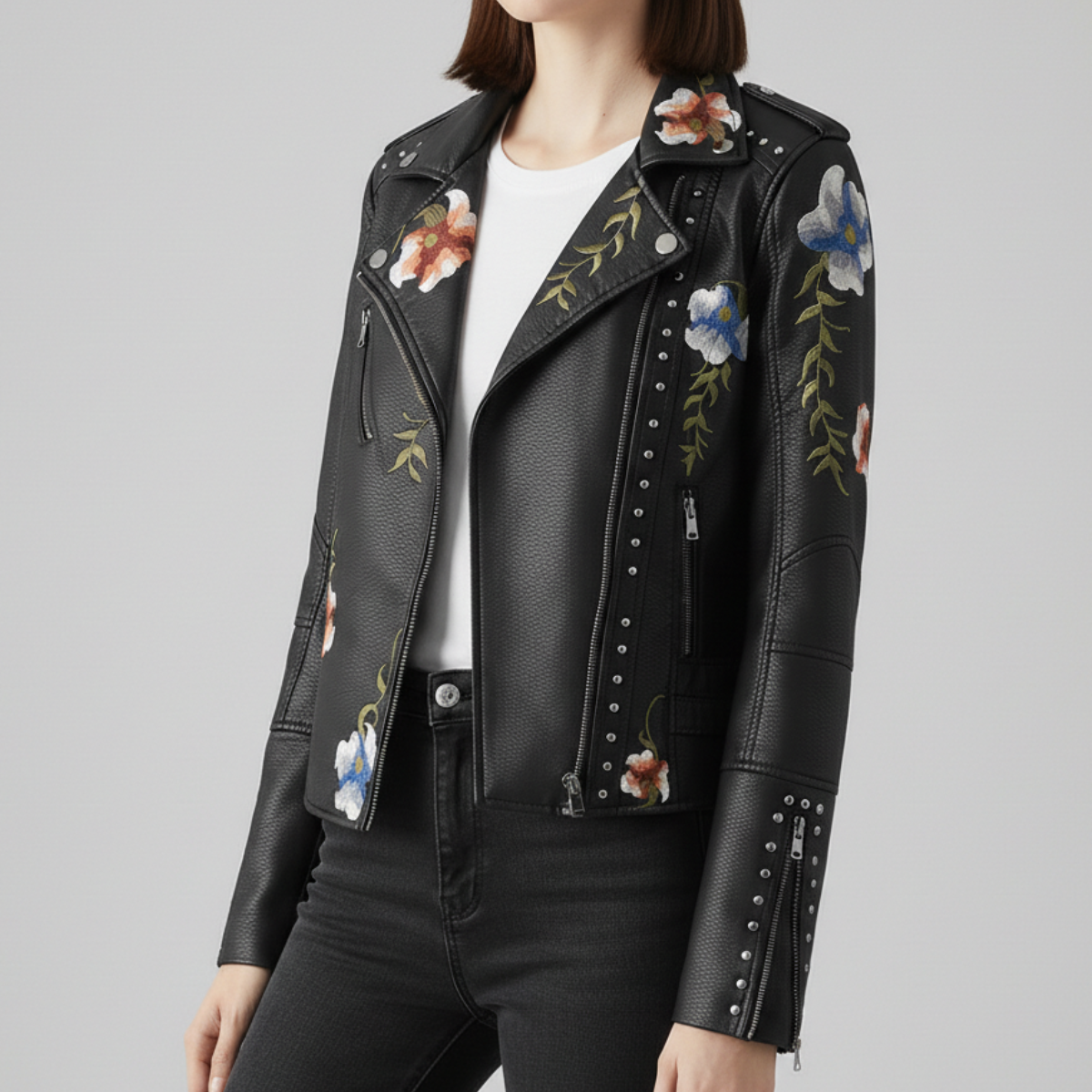 Women's Moto Jacket | Floral Embroidery & Edgy Style 3