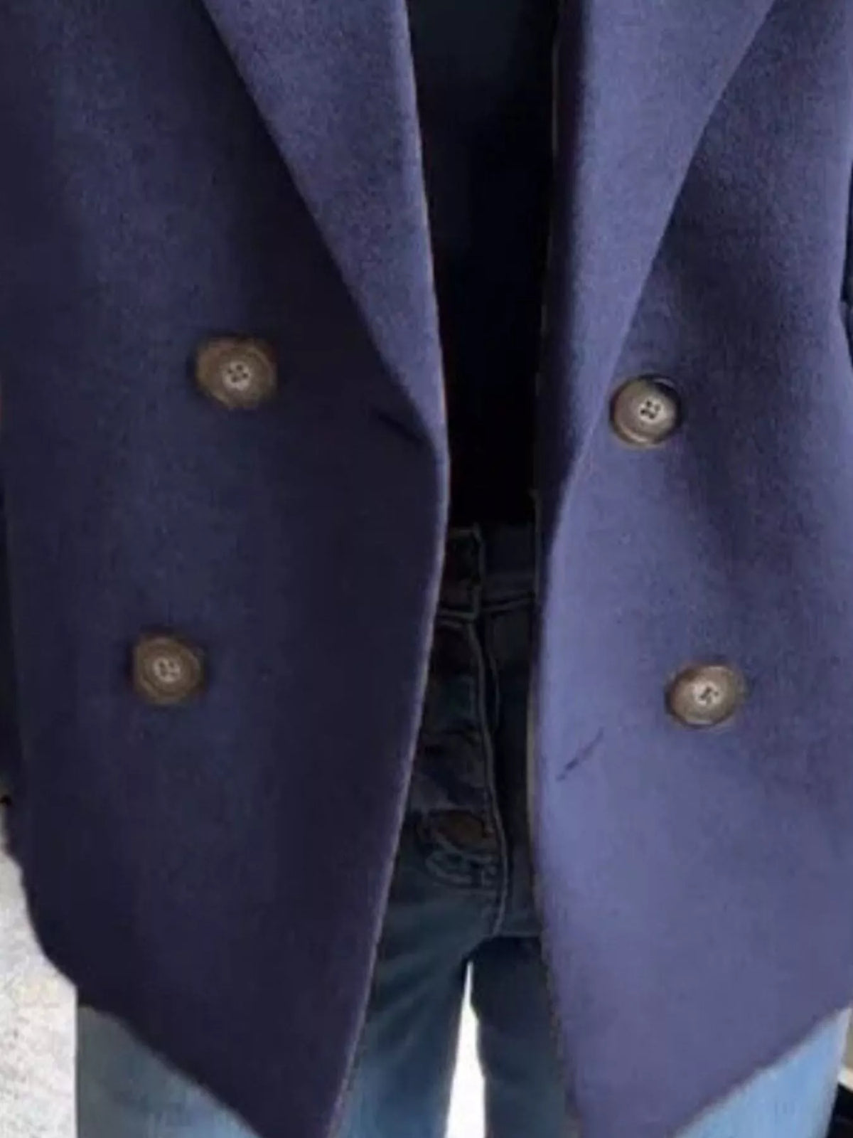 Grey double breasted short coat with shawl collar and knit cuffs