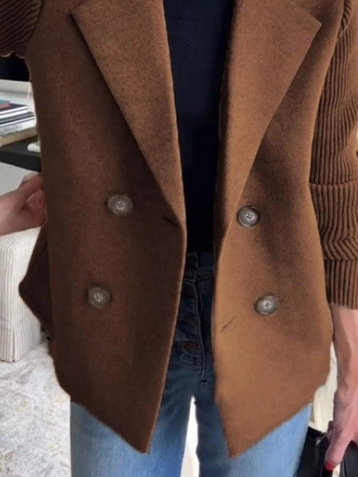 Pink double breasted short coat with shawl collar and knit cuffs