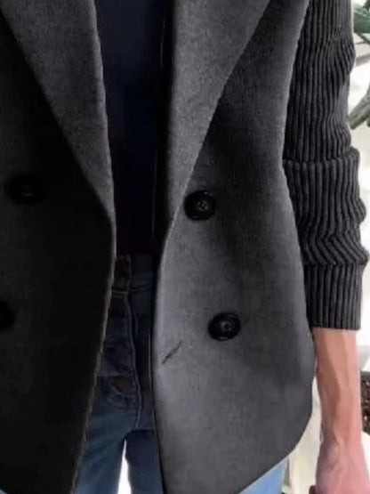 Chocolate double breasted short coat with shawl collar and knit cuffs