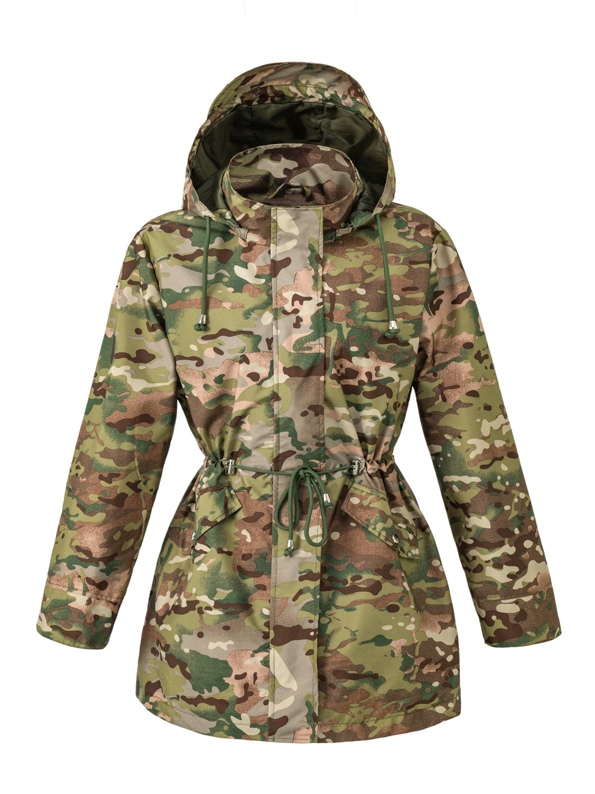 Hooded anorak parka with drawstring waist and zip front