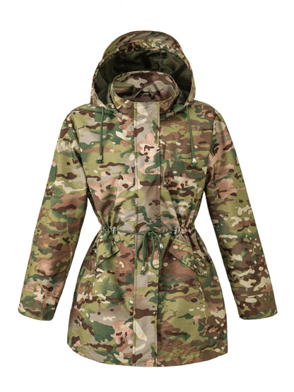 Hooded anorak parka with drawstring waist and zip front
