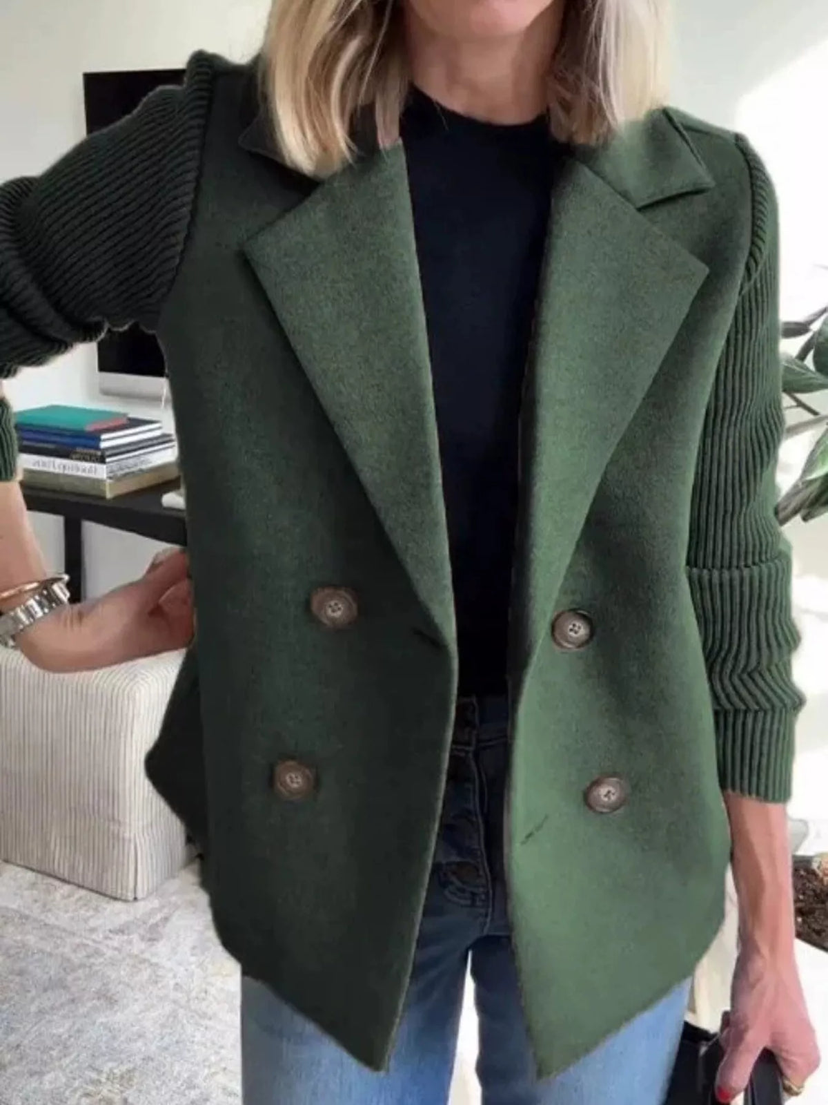 Green double breasted short coat with shawl collar and knit cuffs