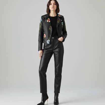 Women's Moto Jacket | Floral Embroidery & Edgy Style 2