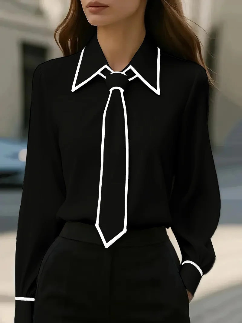 Women's Tie-Neck Blouse | Structured Collar & Puff Cuffs 3