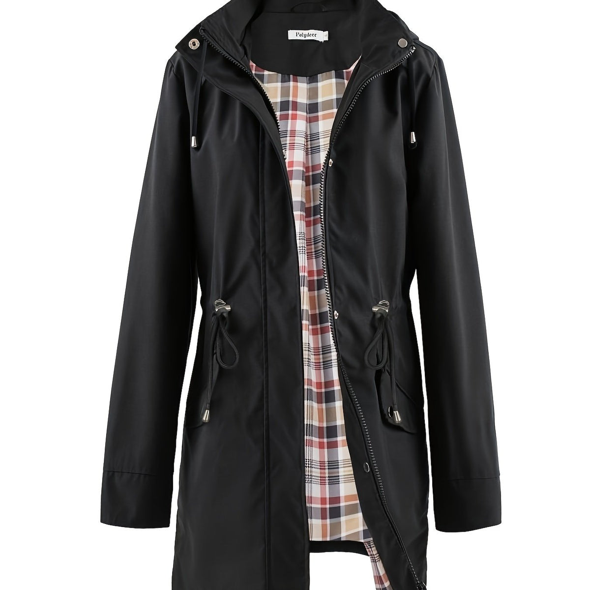 Black hooded anorak parka with drawstring waist and zip front
