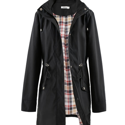 Black hooded anorak parka with drawstring waist and zip front