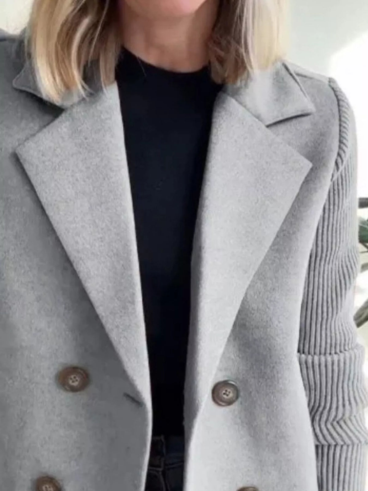Grey double breasted short coat with shawl collar and knit cuffs