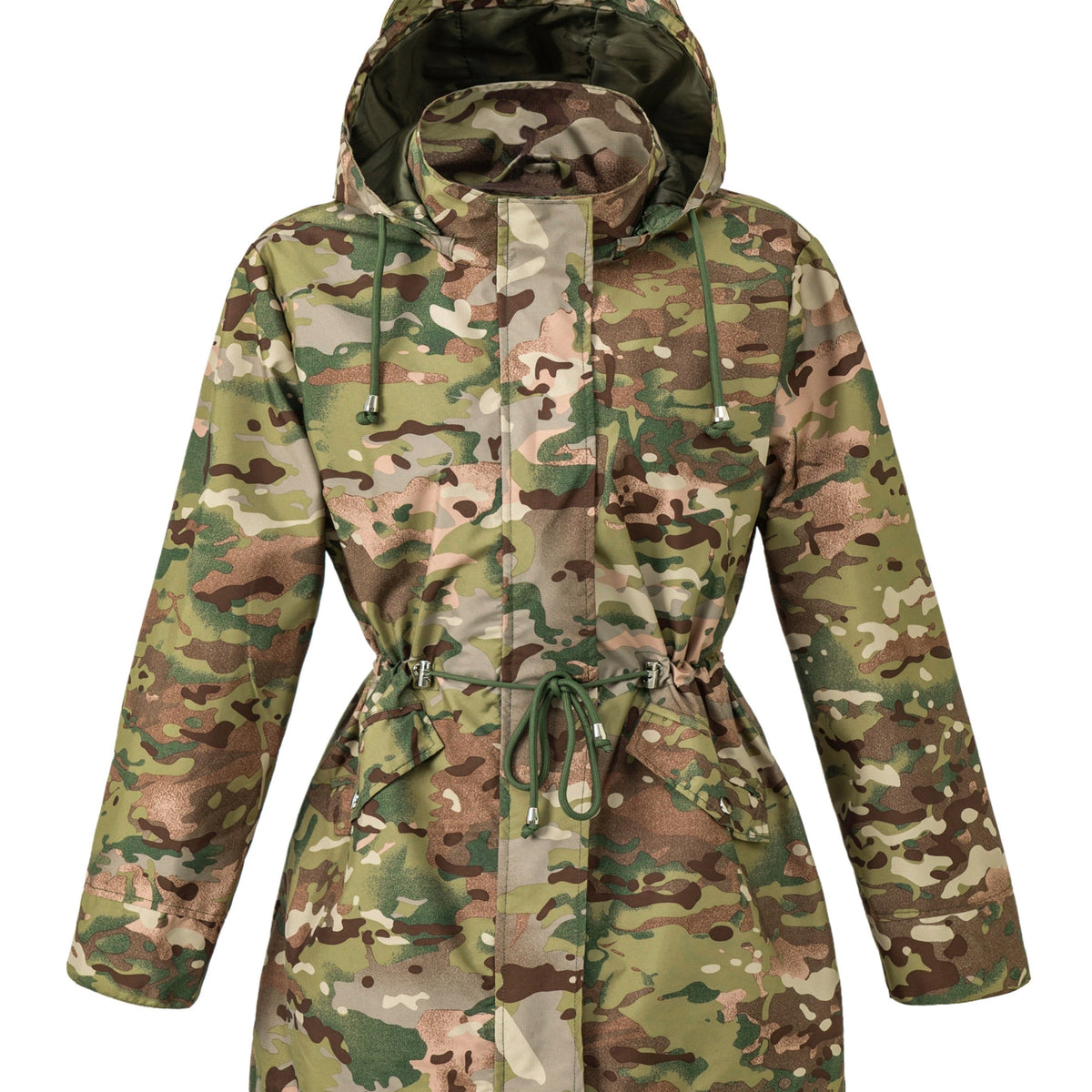 Hooded drawstring waist zip up coat with a zip up placket front in Multicoloured