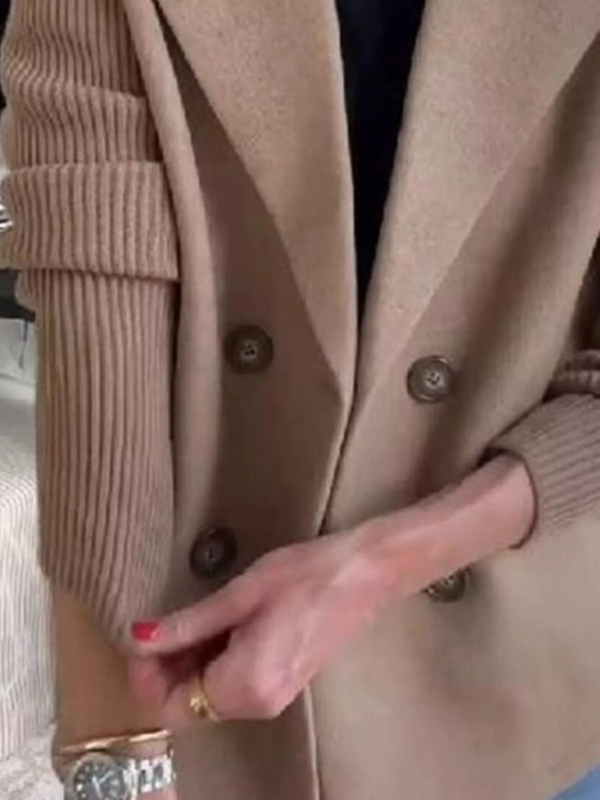 Chocolate double breasted short coat with shawl collar and knit cuffs