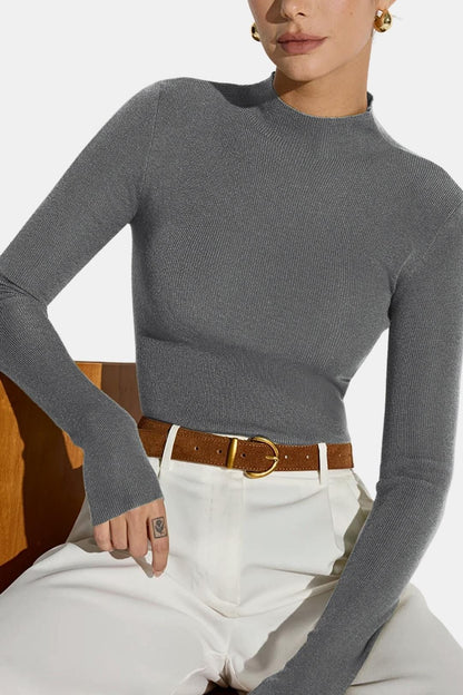 Women's Mock Neck Knit Top | Slim Fit & Stretch