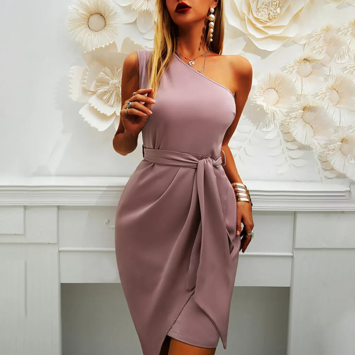 Alina – Women One-Shoulder Wrap with belt Dress 2