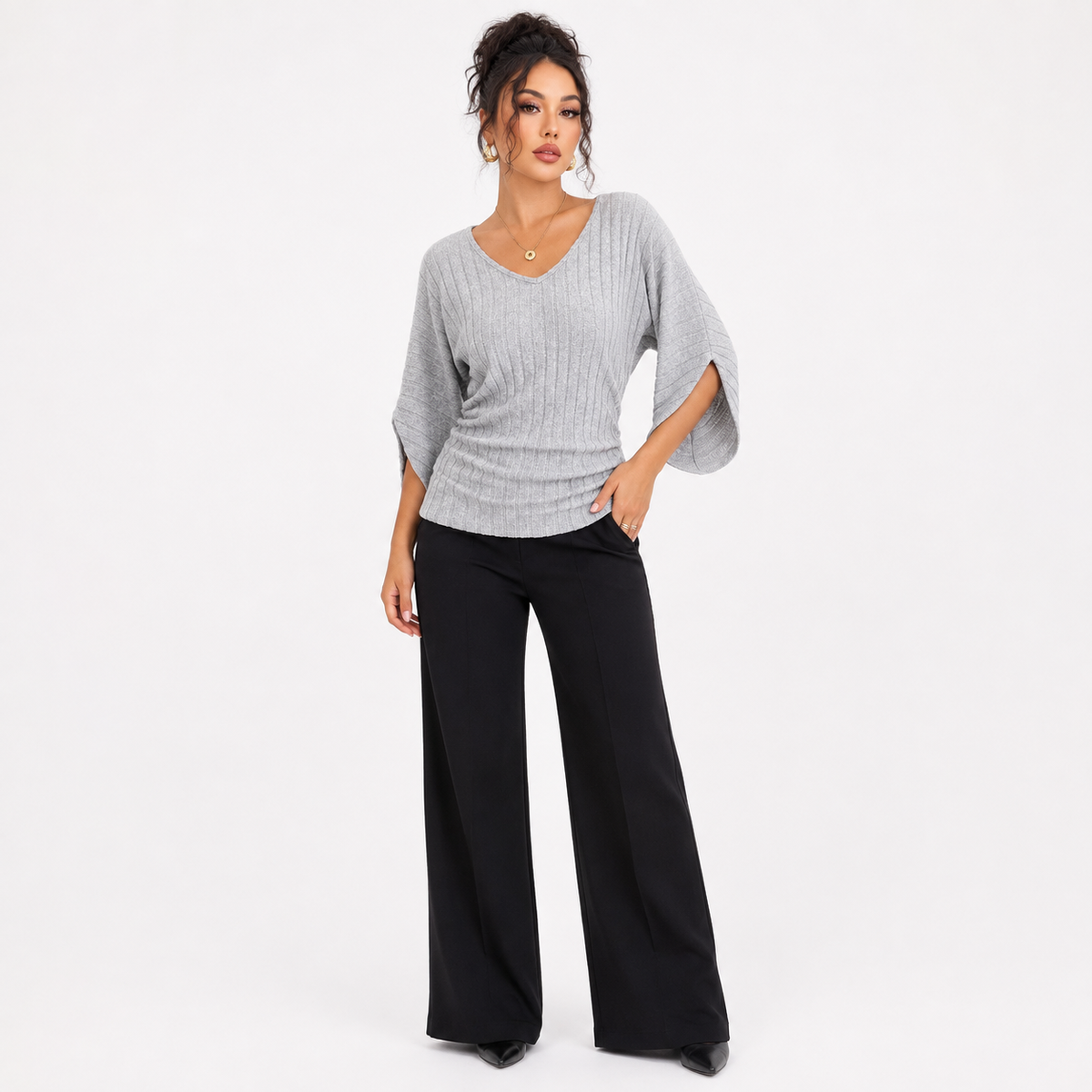Women's Ribbed V-Neck Knit Top | Soft & Stretch Comfort 1