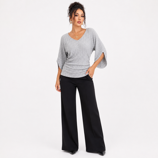 Women's Ribbed V-Neck Knit Top | Soft & Stretch Comfort 1
