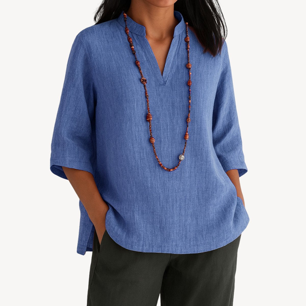 Amelia | Women's Linen V-Neck Three-Quarter Sleeve Tunic Blouse 0