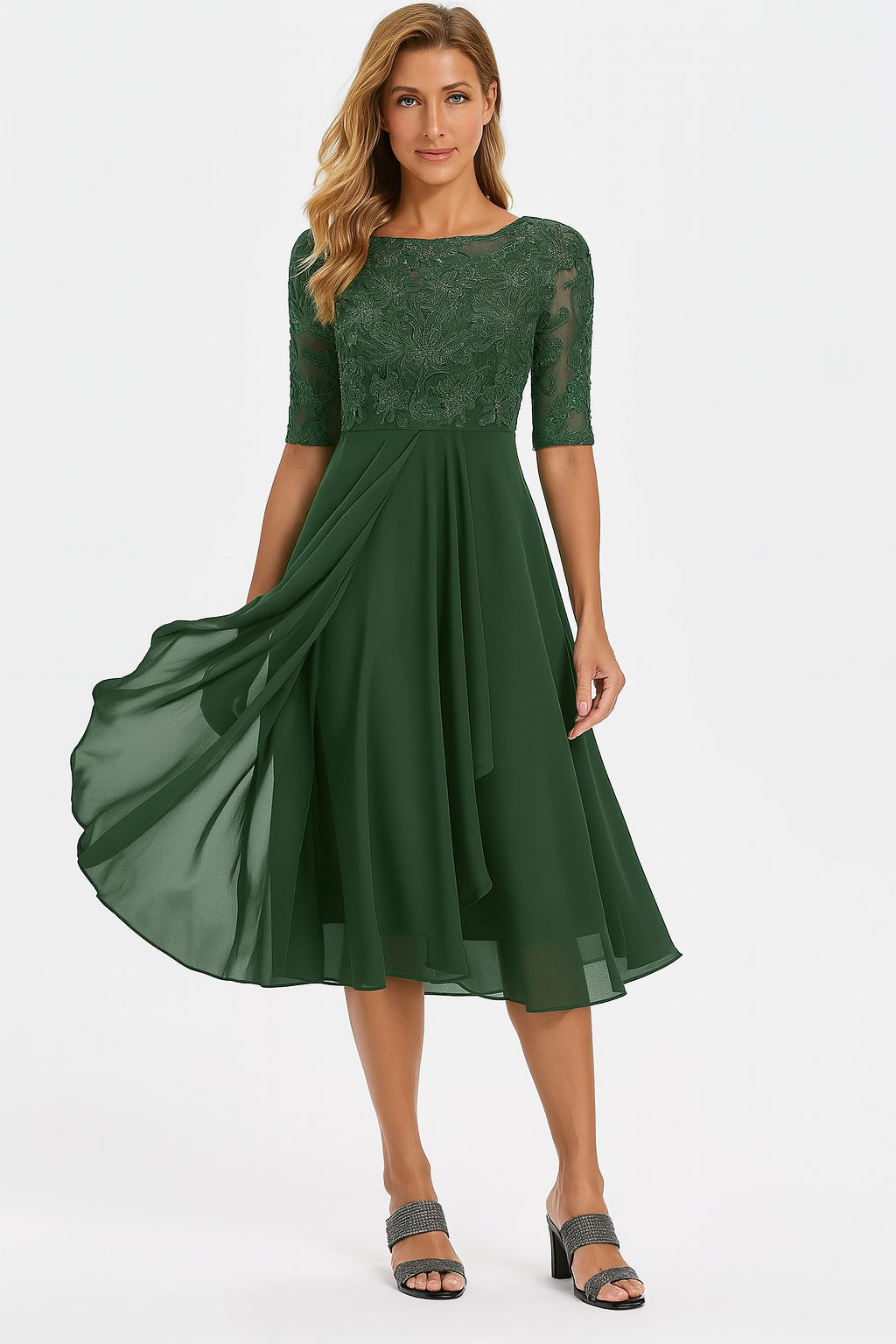 Women's A Line Midi Dress | Lace Bodice & Flowing Chiffon Skirt