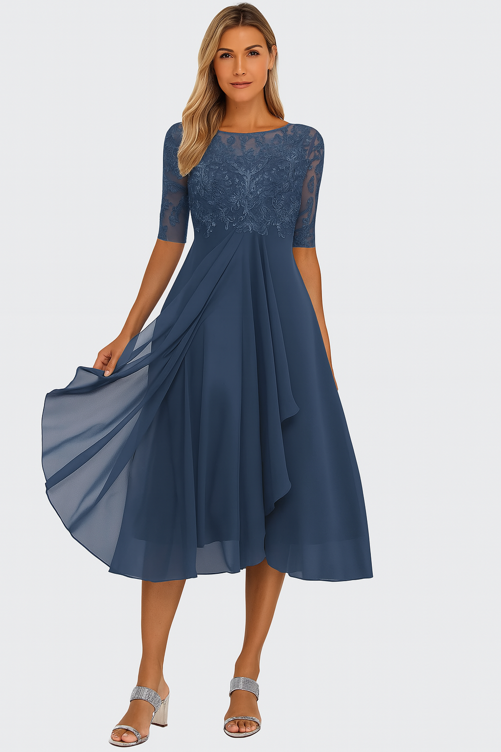 Women's A Line Midi Dress | Lace Bodice & Flowing Chiffon Skirt