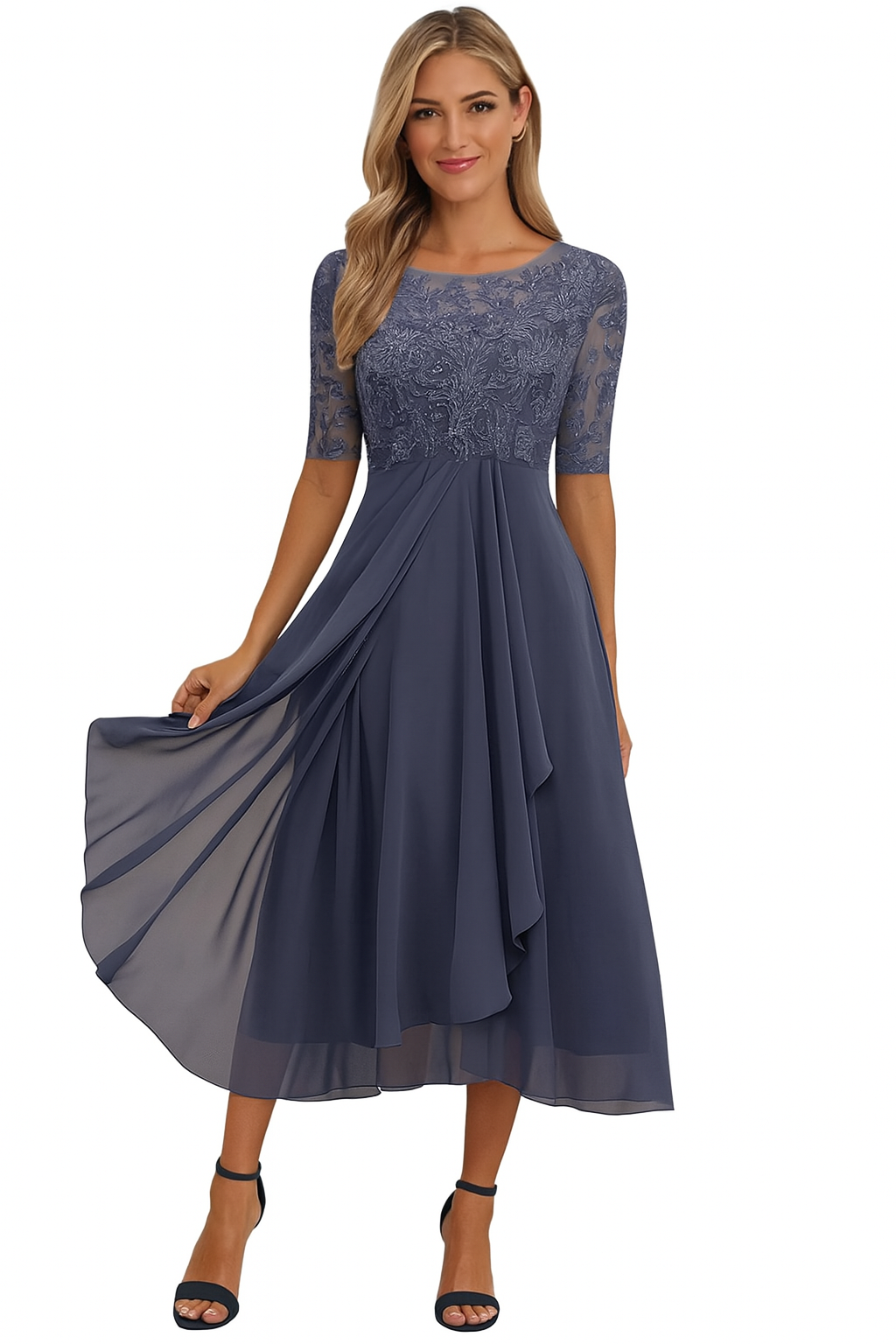 Women's A Line Midi Dress | Lace Bodice & Flowing Chiffon Skirt
