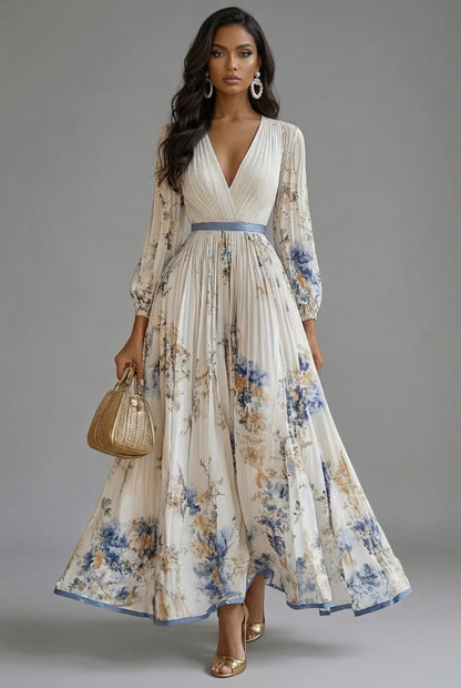 Ava | Maxi Dress Deep V-Neck Long Sleeve Pleated Floral 0