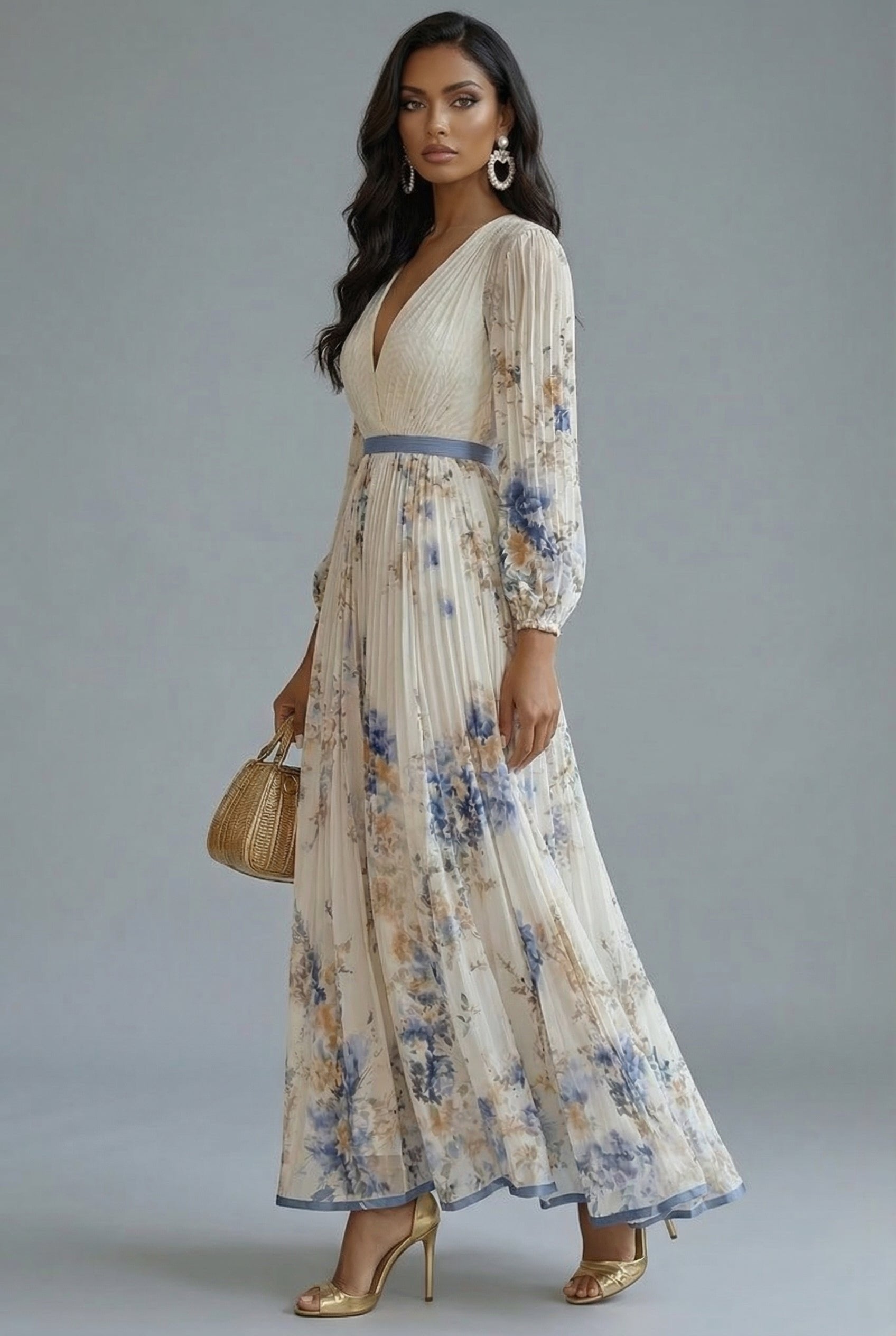 Ava | Maxi Dress Deep V-Neck Long Sleeve Pleated Floral 1