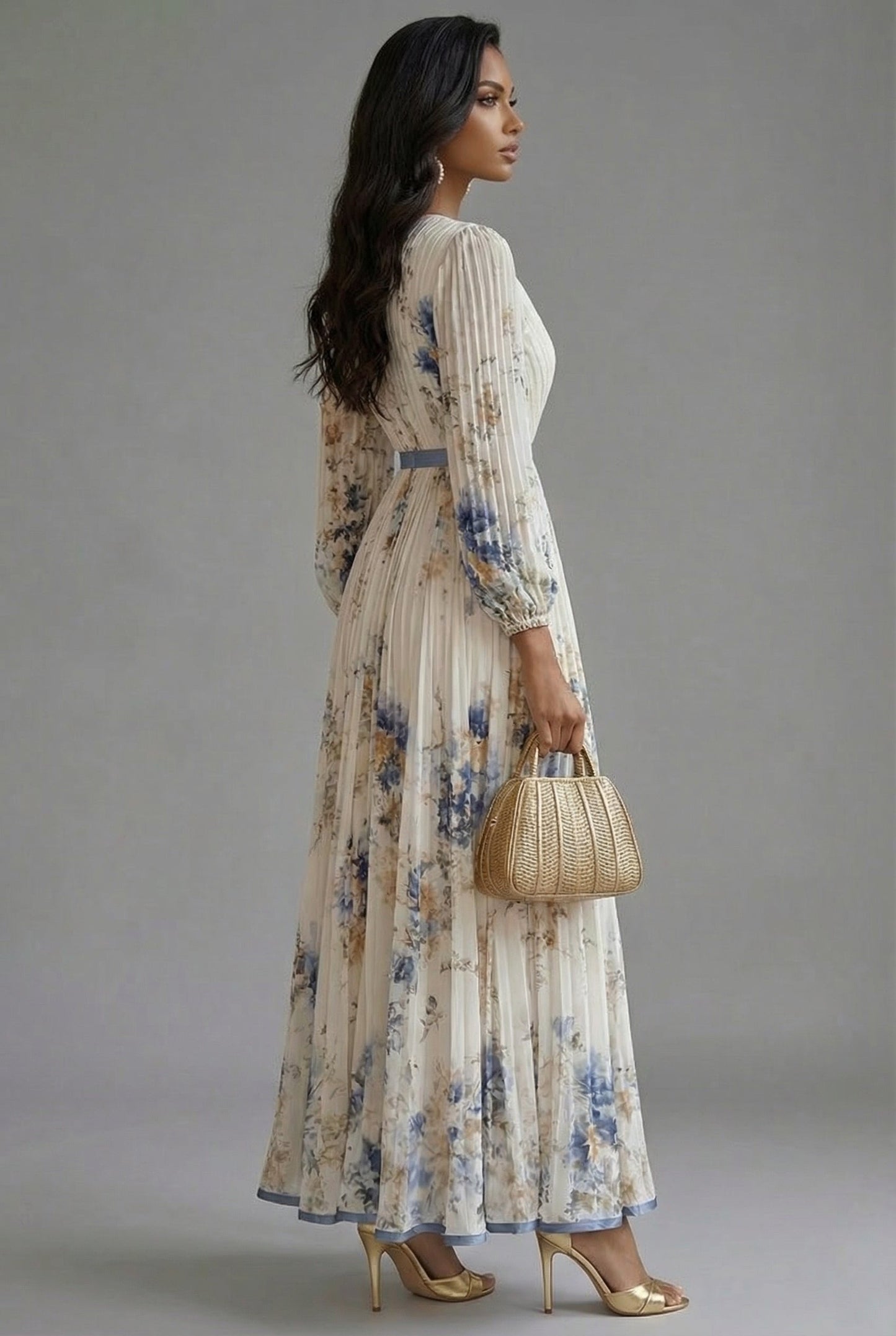 Ava | Maxi Dress Deep V-Neck Long Sleeve Pleated Floral 2