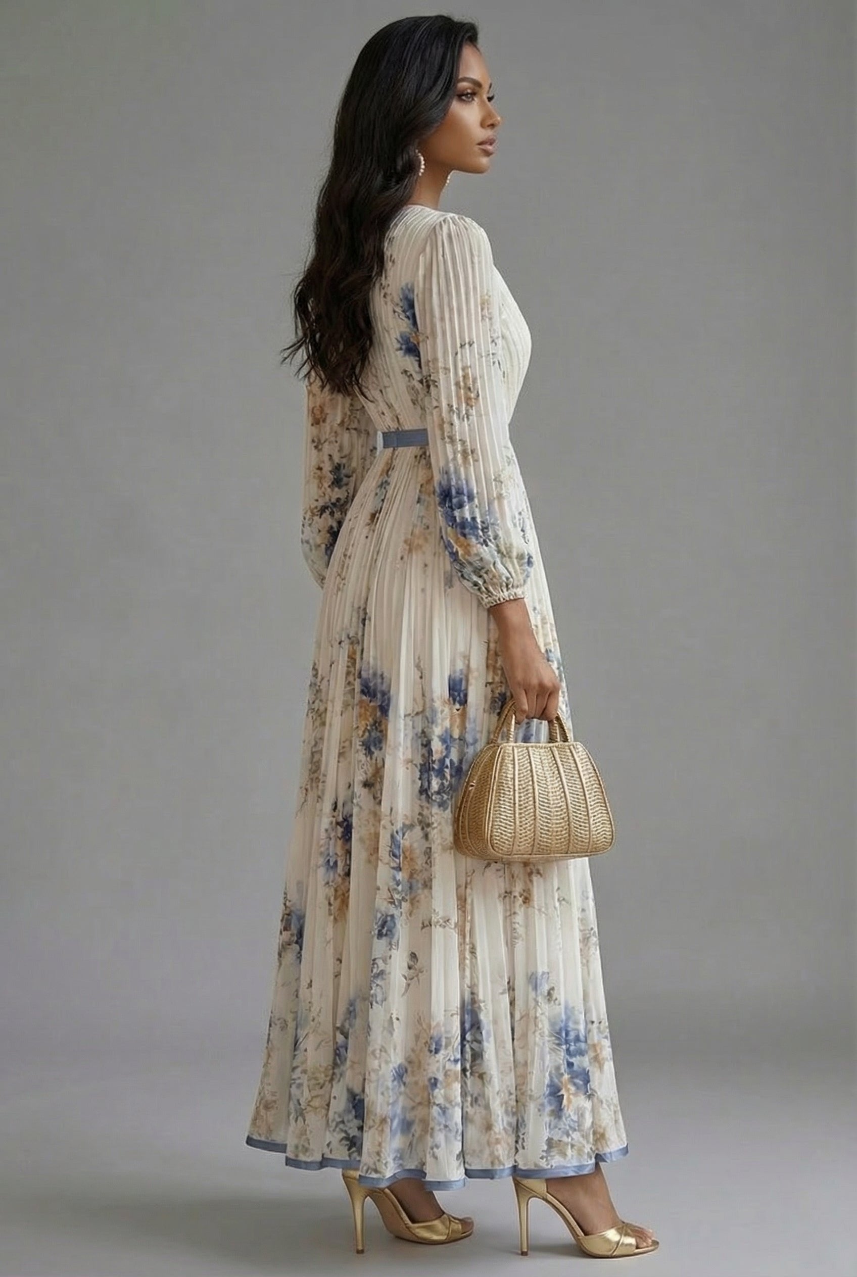 Ava | Maxi Dress Deep V-Neck Long Sleeve Pleated Floral 2