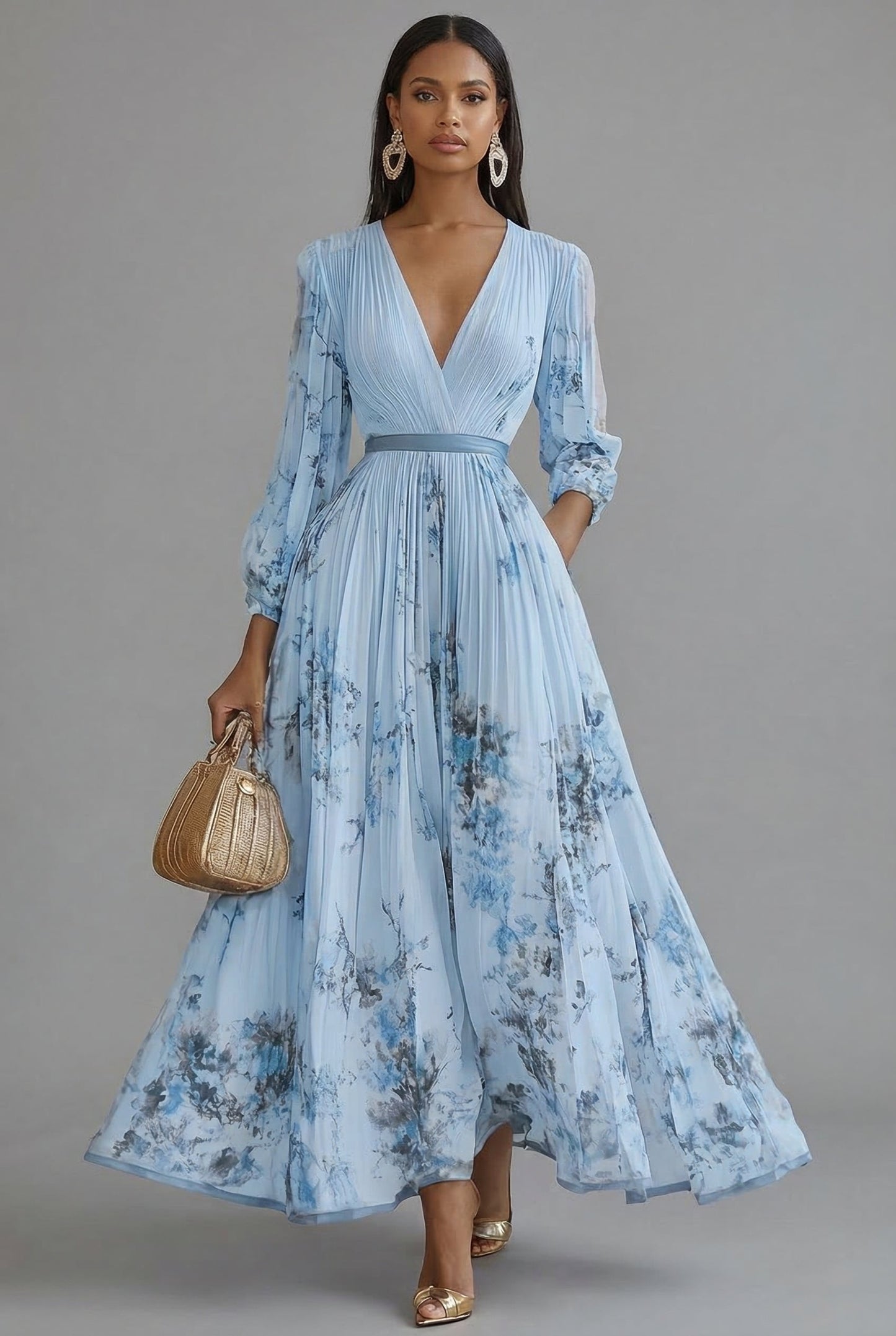 Ava | Maxi Dress Deep V-Neck Long Sleeve Pleated Floral 4