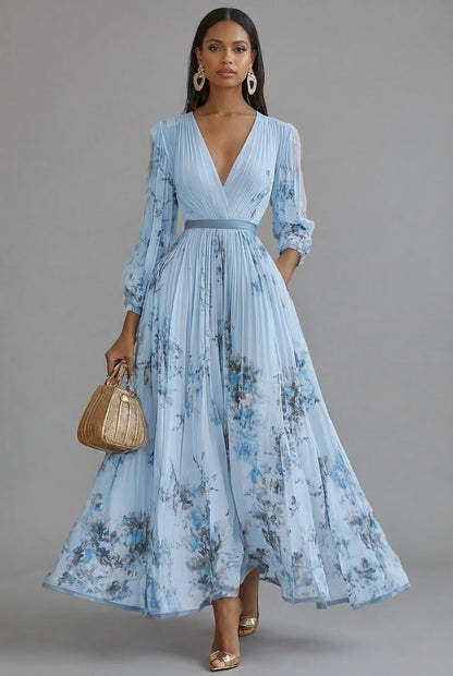 Ava | Maxi Dress Deep V-Neck Long Sleeve Pleated Floral 4